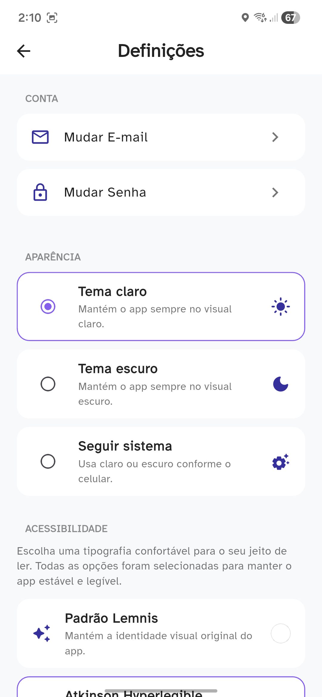 Tela de Configurações Lemnis